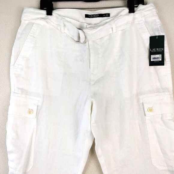 Lauren Ralph Lauren Linen Pants Women Size 14P White Cargo Belted Boho Beach NWT - Picture 2 of 16